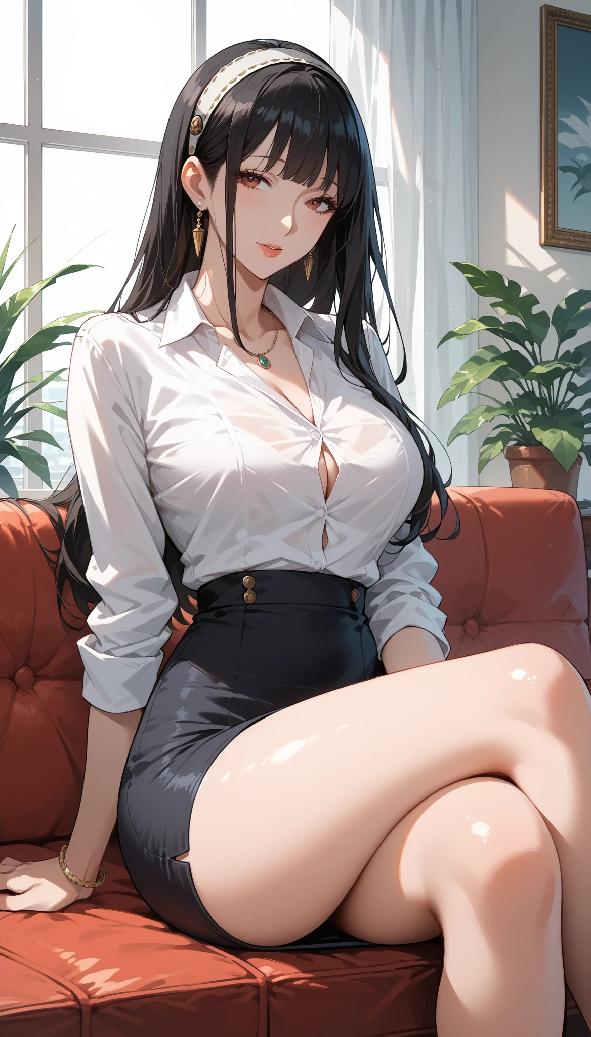1 very sexy woman, 35yo, dark long hair, blue eyes, she is sitting in front of me, she has big boob, she's wearing a White blouse and a short flowing blue shirt, expising one perfect sexy leg in black pantihose, with foot Leaning on the chair were i'm sitting