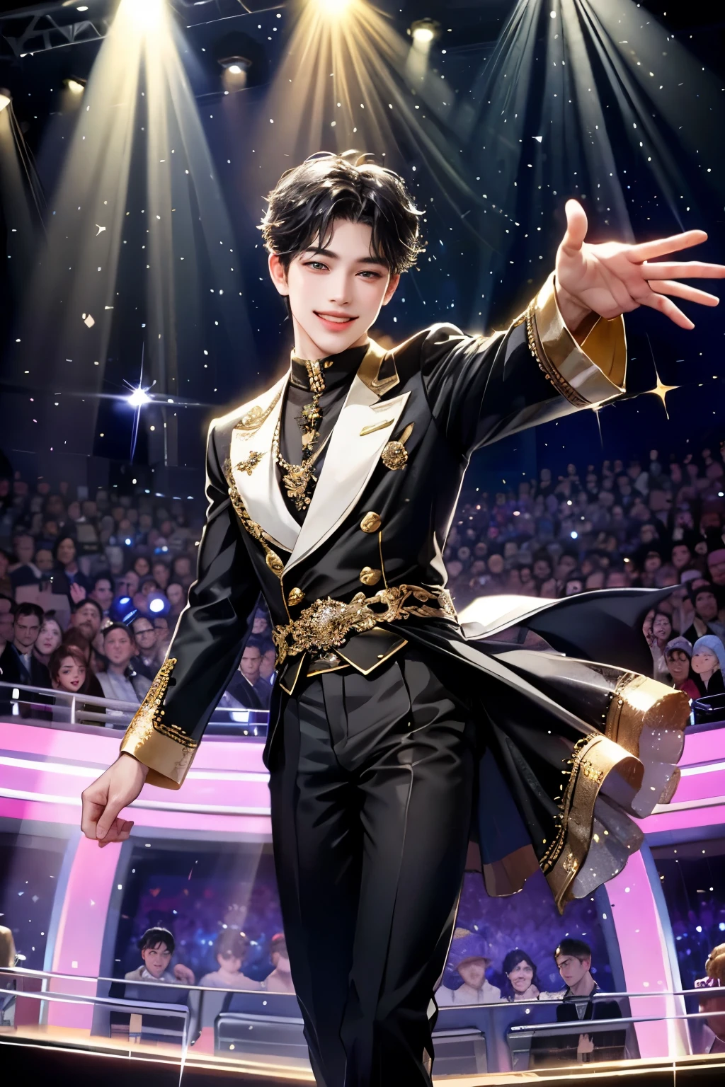 Sweet-faced man, black hair, wearing idol clothes, idol, looking at audience, front view, toothless smile, standing on stage, sparkling, spotlight, high detail, front, man, sweet man, male cloth, sparkling costume