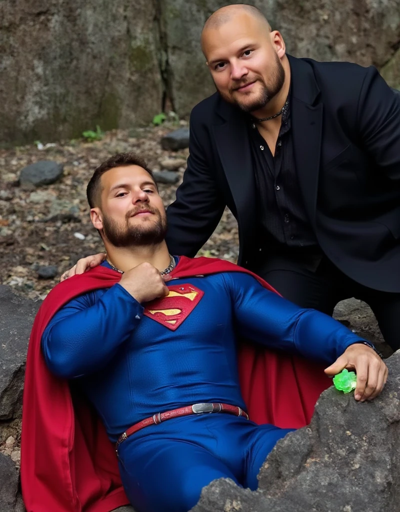 muscular attractive Nick bosa, with an undercut haircut combed back, short beard, wearing blue, form-fitting Superman suit with gold accents in the waistband, his chest displays the iconic "S" symbol. Superman's traditional red cape is present, attached to the shoulder and flowing behind him, lies on a rocky floor leaning against a rock, sore, with his mouth slightly open, he appears weak and in pain. Expression of pain, with blood on his face. Standing next to Superman is a bald man, dressed in a dark suit, The bald man holds a bright green crystal in his hand near Superman's chest
