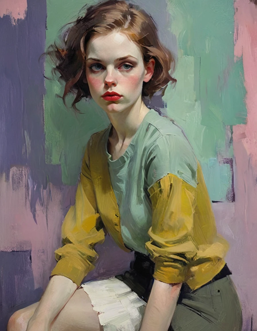 Create a portrait of a young woman with a thoughtful expression. Use a painting style inspired by Malcolm Liepke, characterized by expressive brushstrokes and rich texture. Employ a color palette of soft greens, soft pinks, deep purples, and subtle skin tones to evoke a sense of depth and emotion. The background should consist of abstract, textured layers in complementary colors, perfectly matching the figure. Pay attention to the contrast between the smooth, detailed rendering of the face and the rough, textured application of paint to the surrounding areas. Capture the delicate balance between vulnerability and the subject's posture