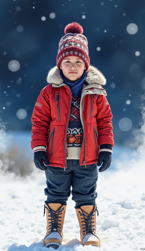 natphurin, a portrait photo of 7-year boy, high quality, 16k, masterpiece, detailed face, detailed eyes, detailed lips, detailed boots, Boy from the PERUVIAN Andes  (poor)  wearing Peruvian clothes in the snow watercolor style (at night), full body,