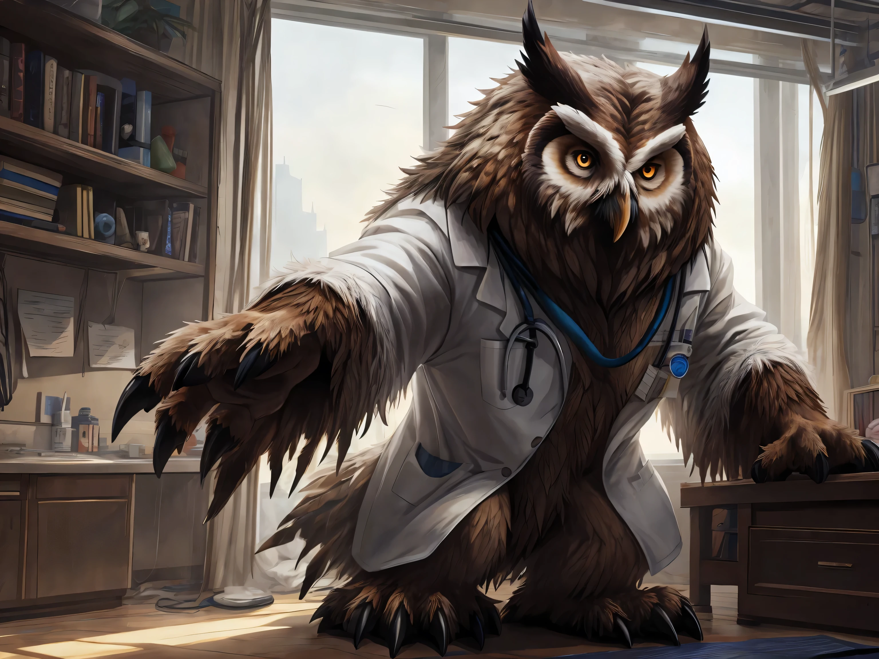 OwlBear, calm expression, White coat,doctor, in hospital, stand, masterpiece, (16K), HD, Various facial details, detailed background, very detailed, dynamic poses, Eyes details,  high resolution, high quality, correct anatomy
