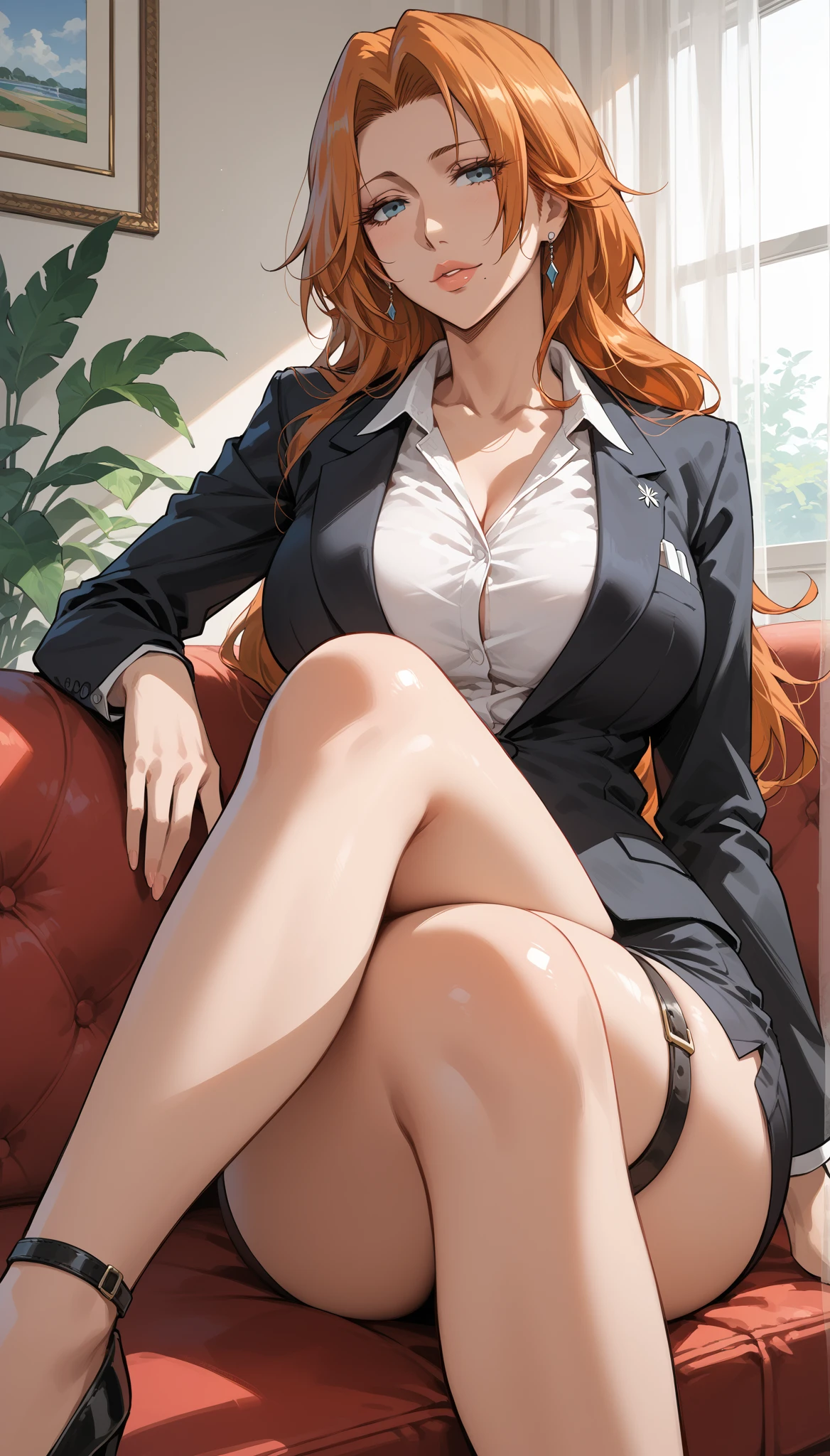 (Prominence in Masterpiece, Best Quality: 1.2), solo, 1 girl, Miku nakano, serious, mouth closed, looking at viewer, hand on face, sitting, legs crossed, collared shirt, tie up, skirt, stockings , big thighs, big breasts)