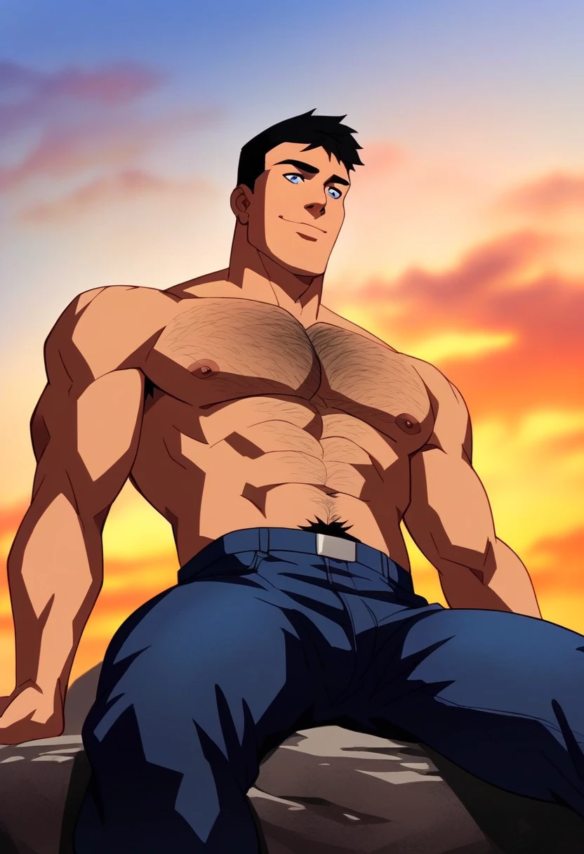 ASCIIscore_9, score_8_up, score_7_up, source_cartoon, 1boy, solo, superboy, smile, exposed pectorals, (hairy chest:1.2), blue eyes, looking down, black hair, blue jeans, outside, sitting on a rock, sky background, 4k, masterpiece, from below, manly