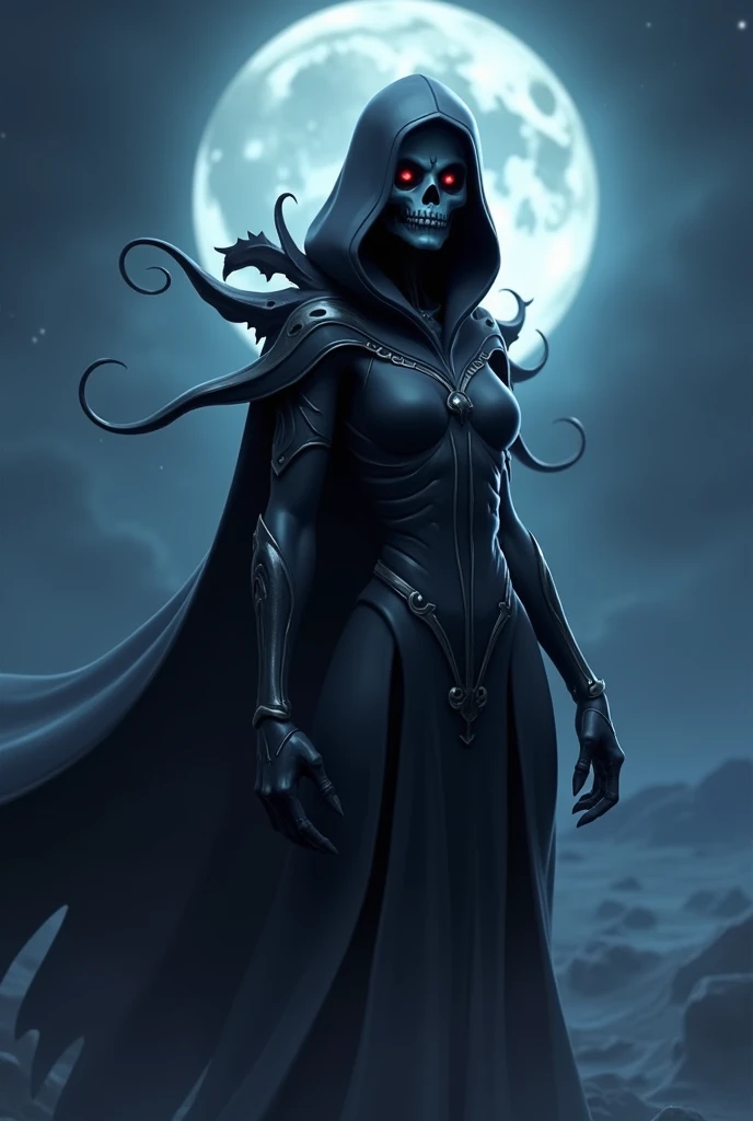 Sexy seductive death, dead face, skull face, hood,    lage eyes, makeup, thick curved lips, sexy grim reaper robe, seductive pose