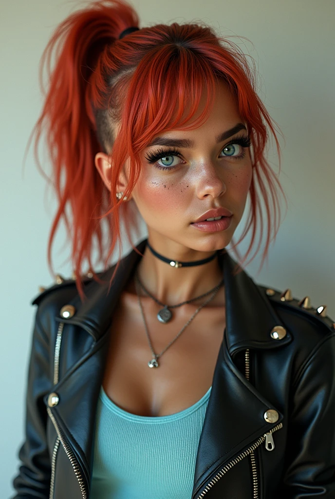A brown girl, with dark blue eyes, freckles and light red hair . Wears a shaved ponytail on the back of the neck , leather jacket with spikes and a light blue tank top