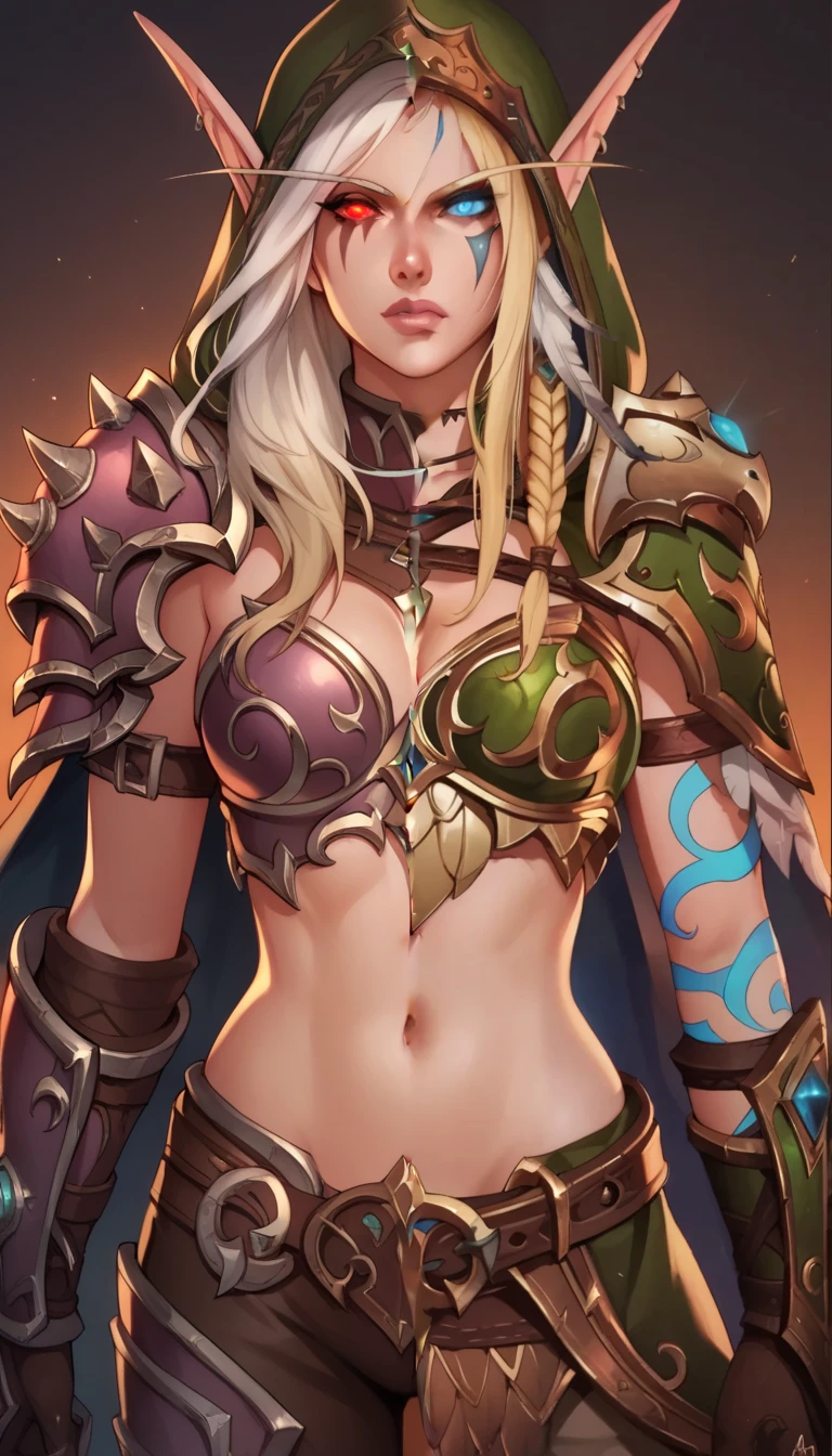 BREAK 1girl, sylwinundead, long hair, undead, white hair, grey skin, pointy ears, red eyes, hood, pauldrons, glowing eyes, breastplate, gloves, armor, cape, pants, midriff