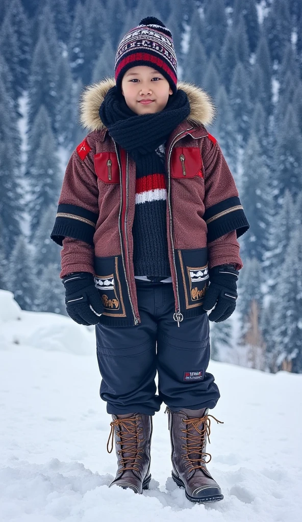 natphurin, a portrait photo of 7-year boy, high quality, 16k, masterpiece, detailed face, detailed eyes, detailed lips, detailed boots, Boy from the PERUVIAN Andes  (poor)  wearing Peruvian clothes in the snow watercolor style (at night), full body,