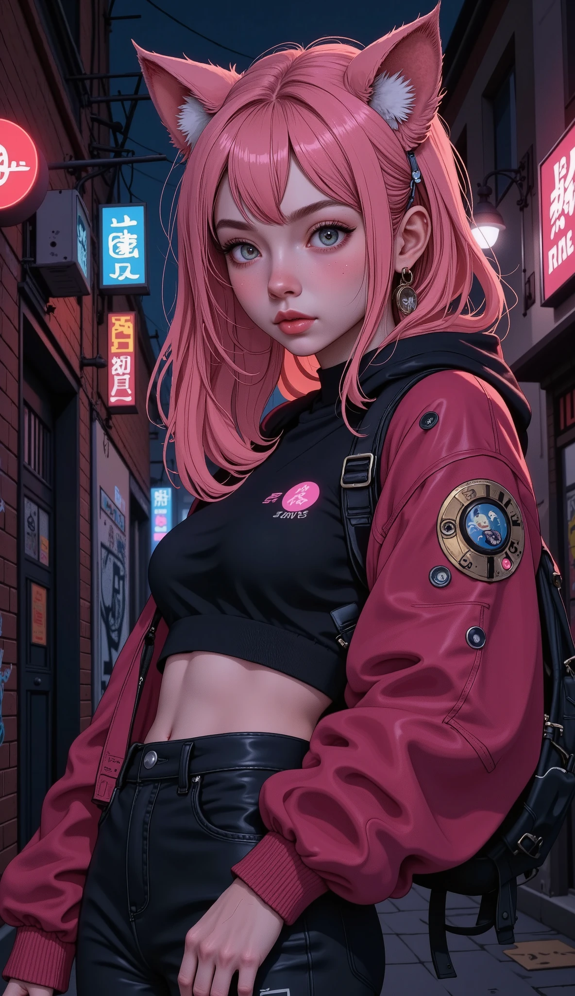 A girl with a cat's ear in an alley,  super detailed, 8K, Hip Hop Fashion , graffiti wall,  full body ,  extremely detailed face ,  detailed feet, detailed hands, Cold expression, Standing,  realistic , photo realistic , photo- realistic :1.37, ( best quality,4k,8K,highres, masterpiece:1.2),ultra-detallado,( realistic ,photo realistic ,photo- realistic :1.37),hyper realistic , realistic  lighting, realistic  shadows,  using physical rendering based on ,3D, detailed texture,  intricate details ,  Anatomically correct 