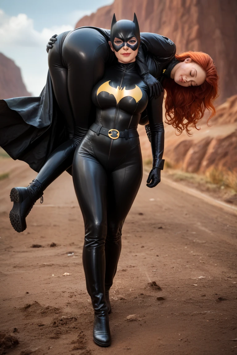 Realistic, teenage girl with red hair wearing a black track suit lift and carrying a unconscious milf wearing a black leather batsuit catsuit over the shoulder, milf is passed out unconscious and sleeping with black hair and a black leather batgirl mask laying on her stomach on the ground eyes closed, milf wearing a tight-fitting skintight push up wedgie tight sexy light black leather full body leather uniform batsuit, milf wearing a matching black leather batgirl mask, milf eyes closed, milf wearing black leather boots and black leather gloves, milf wearing a yellow utility belt, milf wearing a black leather cloak, teenage girl carrying a unconscious 50 yr old milf over the shoulder , outside in a muddy back yard, daylight