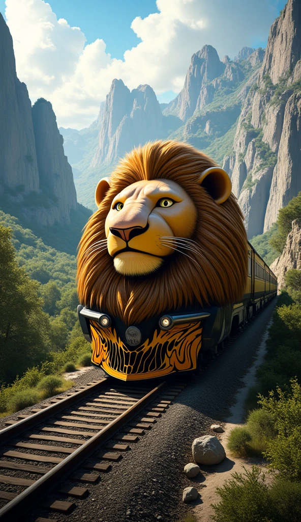  A realistic and detailed panoramic image of a Lion King train.   The front of the train is the face of the Lion King  ,  the train is riding on tracks in a place with mountains , trees and nature ,  I want a perfect train ,  with details of the Lion King from the movie  