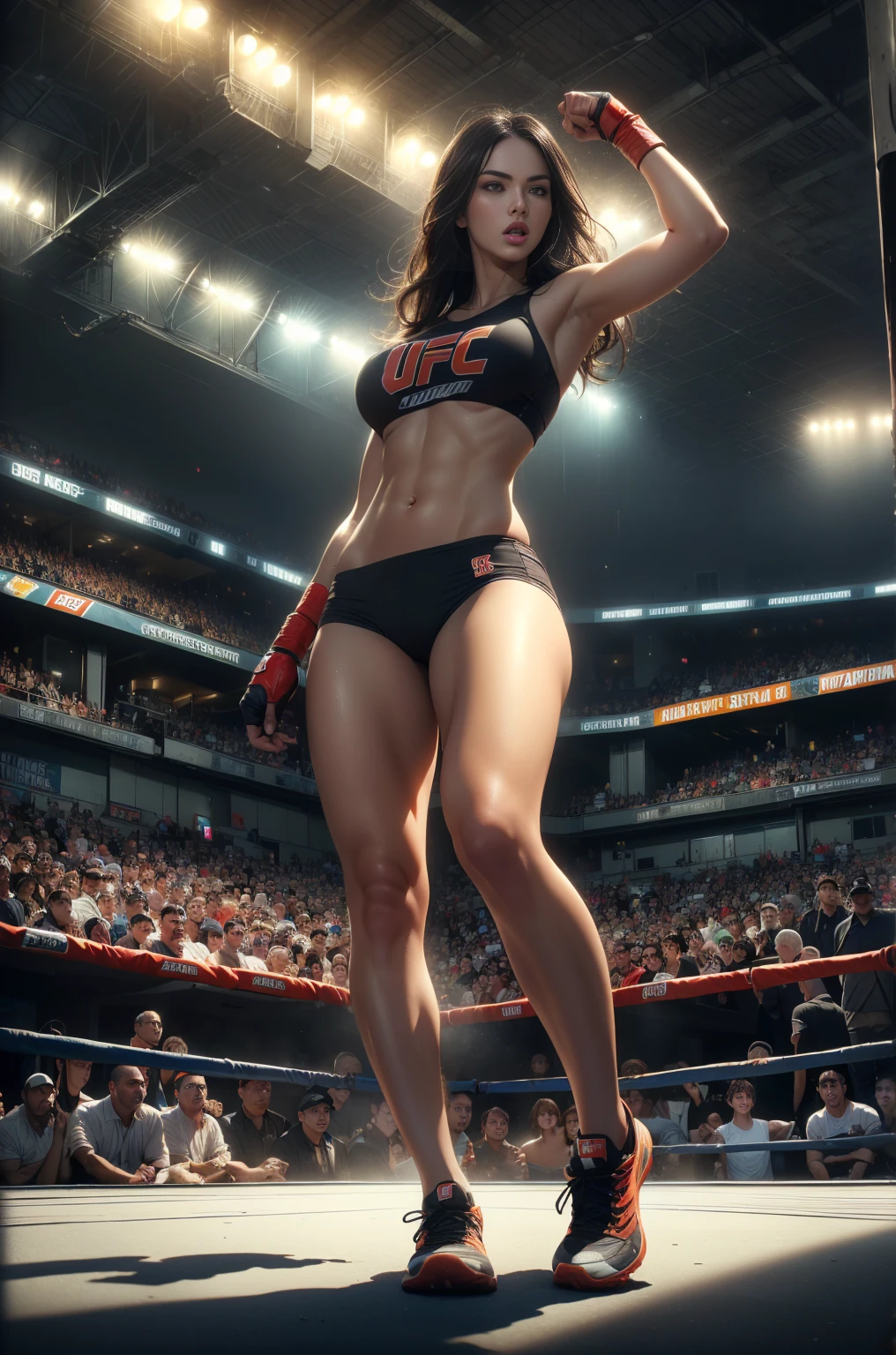 (best quality,highres:1.2), (ultra-detailed), (realistic:1.37), (HDR,UHD), (physically-based rendering), ((curvy thicc mature Denise Milani)), ((black boxing shorts:1.3)), ((skimpy boxing shorts:1.3)), (boxing boots), ((short, straight jet-black hair:1.4)), (tiny waist), ((thicc:1.3)), ((firm perfectly round butt:1.2)), ((beautiful large green eyes):1.3), ((standing pose in a boxing ring)), (full-body portrait), (vivid colors), (metallic textures), (hot red lips, makeup:1.3), (straight, short jet-black hair), ((skimpy sexy black boxing shorts:1.3)), sexy fighter, prominent breasts, rock solid breasts, missile shaped breasts that defy gravity, big_boltedontits, boltedontits, sakimichan, th3p1t,
