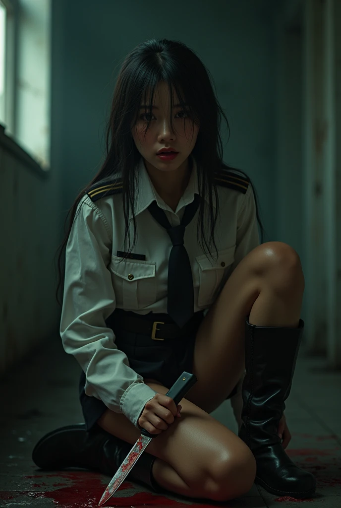 solo, (full body: 2), (8k, photorealistic, RAW photo, best quality: 1.4), scene of policeman being held captive, Female Chinese Police Officer, police uniform with missing parts, wet and dark room, smooth stone floor, water dripping from the ceiling, little light, night, nervous expression, handcuffs, long handcuffs, hands cuffed together, sitting on a wooden chair, chained to chair, metal choker on neck for slave, depth of field, hopelessness, scars
