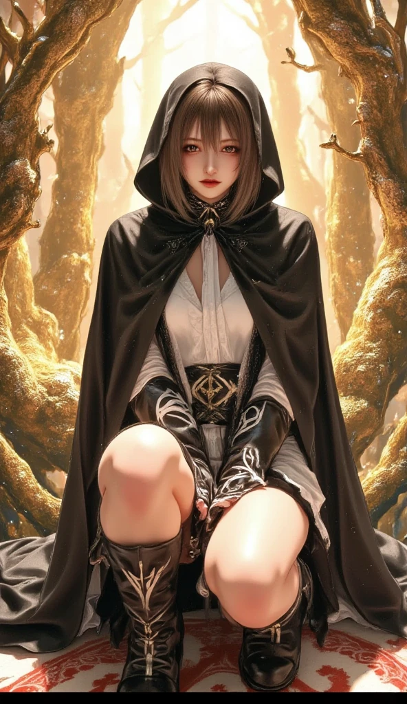 best quality, masterpiece, melina \(elden ring\),1 girl, solo, brown hair,medium short hair, black cloak with hood,orange eyes,(white Tunic:1.5),belt,boots,full body, ashes and sparks in the air, (closed left eyes:1.5),(Scar on left eyes:1.5), 8k, high resolution, ultra detailed, professional digital painting, epic cinematic lighting, trending on artstation, 4k, hyperrealism, focused, extreme details, unreal engine 5, cinematic, masterpiece,There is a large golden glowing tree that seems to reach out into the universe, There are huge, golden trees that seem to stretch out into the universe, huge trees are huge horizontally and the size of swallowing stars,A knife in one hand, attacking the camera, a done expression, full of dynamism,Jumping vigorously at the camera