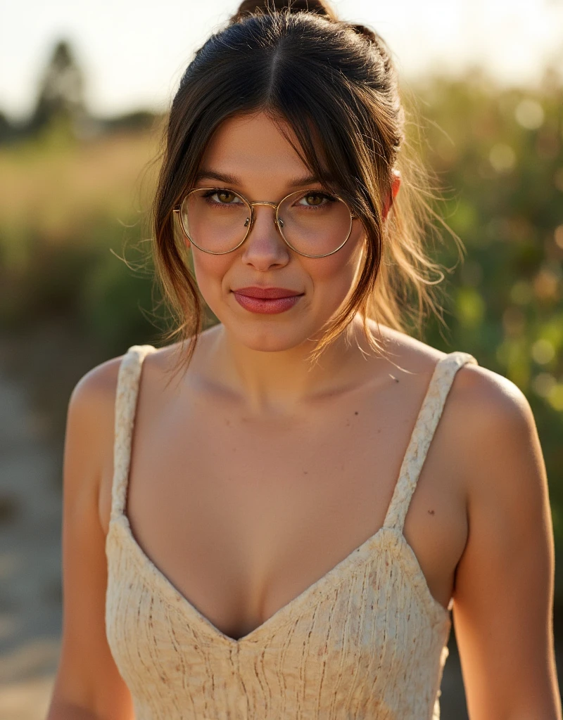 (highest quality,High resolution,In 8K), brown haired woman, young french woman,larger breasts、Stylish royal golden dress ,bright colors, porcelain skin, Big eyes, Cute smile showing white teeth, charming charm, At a open island (maldeev) soft lighting, exquisite details,Stylish royal blue golden dress,wearing black sunglass