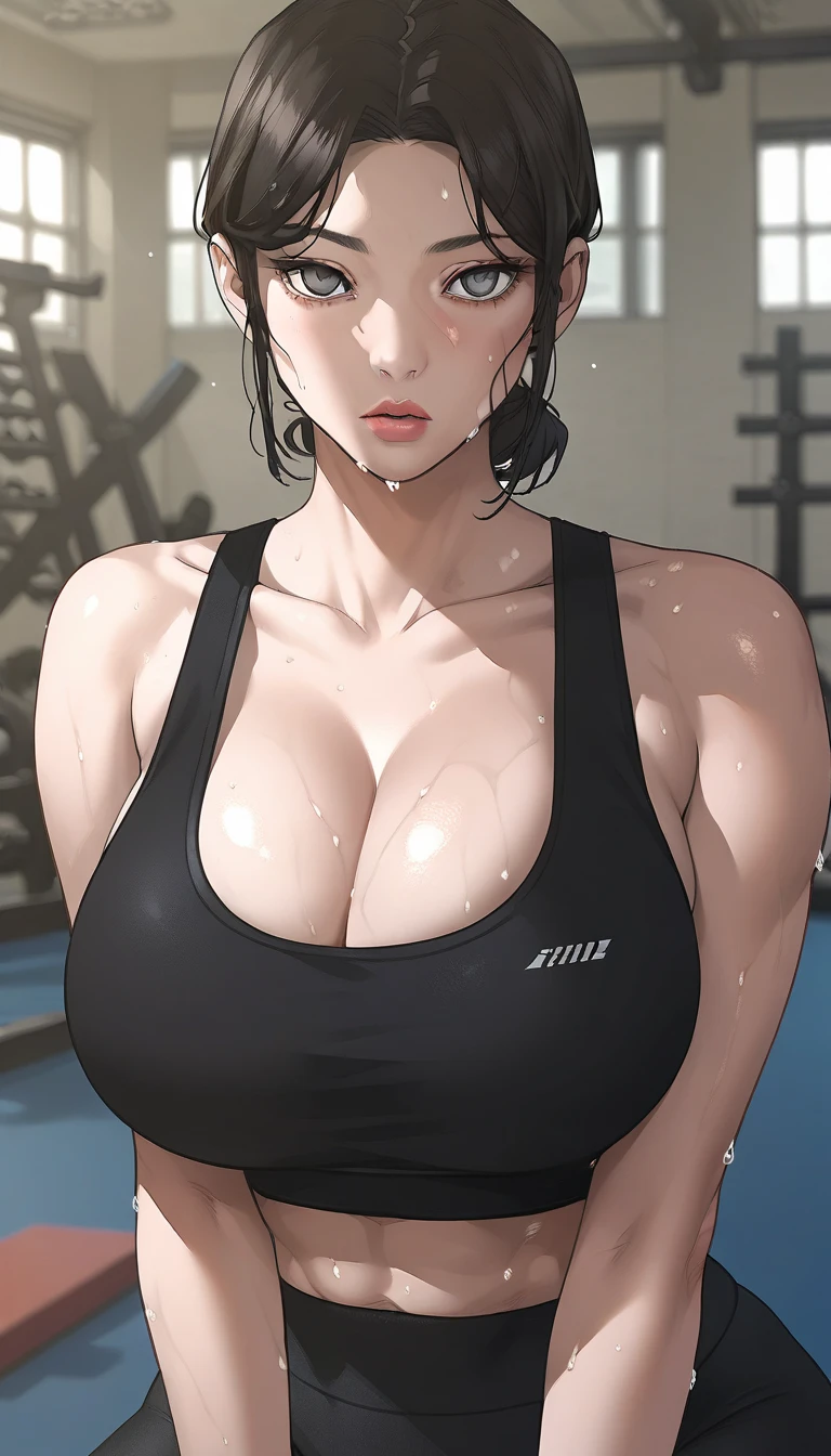  score_9,  score_8_ up,  score_7_ up,  Source_anime,  (anime coloring, anime screencap:1.2),  flat color, Shiny Skin, (Huge breasts,long breasts),black hair, black eyes, short hair, brown hair, parted bangs, empty eyes, lips, grey eyes
single hair bun, sports bra, black bra, cleavage, black leggings,one woman, sports gym,sweat,posing,sexy pose,whole body,looking at viewer,daytime,high quality,masterpiece,highly detailed,gravure