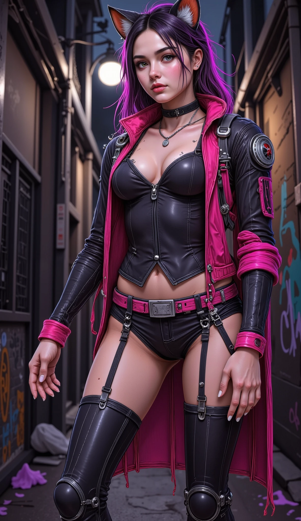 A girl with two cat ears in an alley,  super detailed, 8K, Hip Hop Fashion , graffiti wall,  full body ,  extremely detailed face ,  detailed feet, detailed hands, Cold expression, Standing,  realistic , photo realistic , photo- realistic :1.37, ( best quality,4k,8K,highres, masterpiece:1.2),ultra-detallado,( realistic ,photo realistic ,photo- realistic :1.37),hyper realistic , realistic  lighting, realistic  shadows,  using physical rendering based on ,3D, detailed texture,  intricate details ,  Anatomically correct 