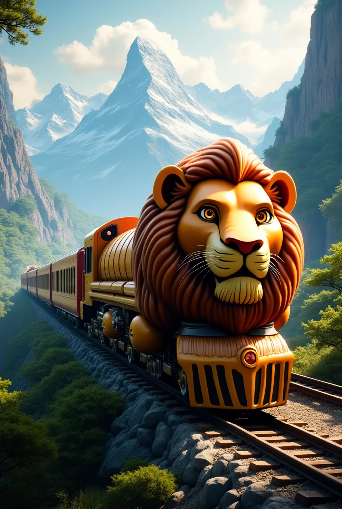  A realistic and detailed panoramic image of a Lion King train.   The front of the train is the face of the Lion King  ,  the train is riding on tracks in a place with mountains , trees and nature ,  I want a perfect train ,  with details of the Lion King from the movie  