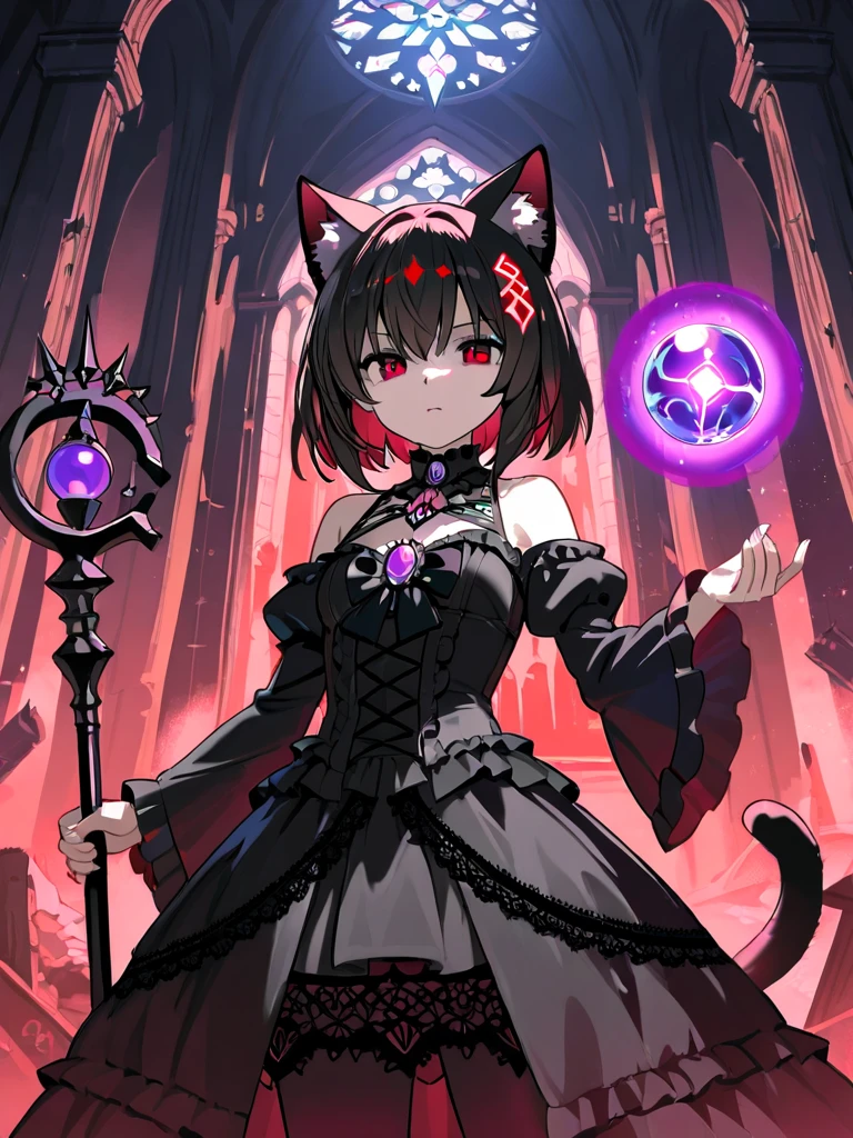 A gothic cat-eared witch with deep red eyes and a black lace gown stands in the ruins of an ancient cathedral. Her cat ears are adorned with glowing runes, and she holds a staff with a crystal orb, radiating dark energy. In the background, cat spirits move through the shadows.