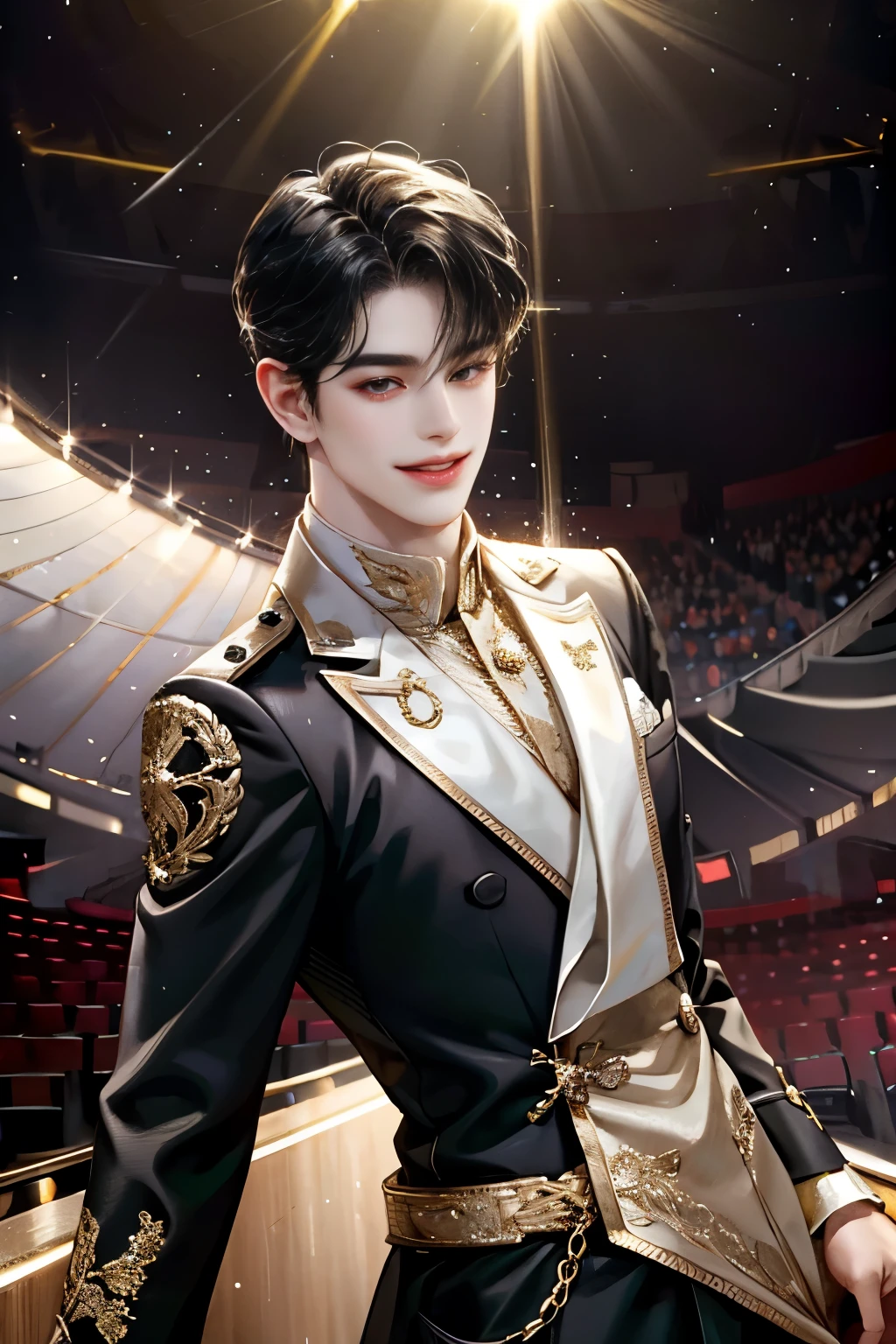 Sweet-faced man, black hair, wearing idol clothes, idol, looking at audience, front view, toothless smile, on stage, sparkling, spotlight, high detail, front, man, sweet man, male cloth, sparkling costume, delight, Bright tone, half body, Half body photo