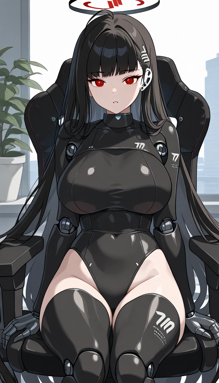 masterpiece, best quality, extremely detailed, (8K, 4K, Best Quality, hight resolution, 超A high resolution:1.1), ,8k portrait, Japaese android Girl,Plump , dark black leg cover,announcer,control panels,android,Droid,Mechanical Hand, Robot arms and legs, Black Robot Parts,Black long hair,Mechanical body,Blunt bangs,perfect mechanical abdomen,black robotics parts,perfect robot woman,future laboratory,cyber pank,charging spot,laboratory,long tube,thick cable connected her neck,black ceramic body ,perfect mechanical body, black robot body,lod antenna,mechanical ear cover,android,robot humanoid,black sponge joints,The removable cover is in the groin,The connection port is in the groin,opened chest panel,access panel on the chest,opened breast panel,perfect mechanical breast,perfect black machine body,perfect black android body,She has repaired,assembly plant,no human skin,visor,mistyrobot,rio(blue archive),robot joint,doll joint,empty eyes,malfunction,sitting mechanical chair