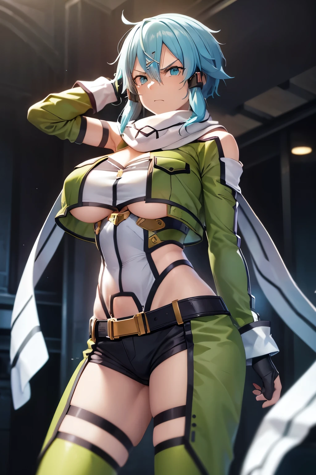 Chinon 1, (((Sinon-GGO))),  Shinono, Long hair short hair, Hair between the eyes, Side Lock, Huge breasts, Revealing clothing, Blue clothes, gloves, Thighs Thighs Thighs Thighs, (Off the shoulder, Bare shoulders), (Underbust:1.5), (abdomen, belly button, String), Chinon 1, scarf, fingerless gloves, Long sleeve, Short shorts, hair ornaments, Barrette, green Thighs Thighs Thighs Thighs, Green jacket, thigh strap Huge breasts, 溢れるLong chest, Huge breasts, Abnormally large, Unusually big breasts, Long chest、Lower Breast, ((Highest quality)), ((R-18)), (Dirty pervert), (Huge breasts:2.0), One girl, Erotic squatting, Erotic Costumes, Exposing breasts,