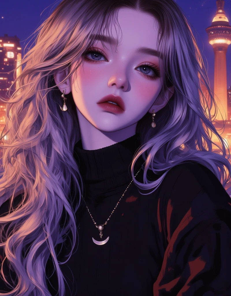 A beautiful young adult woman with long silver purplish hair, pale skin, freckless and violet eyes. Has mole under her left eye. Wearing a black dress and moon necklace. Posing with night city background, warm lighting. High quality, semi realism digital art style, half body, avoid blank stares and add some expression on the character's face.