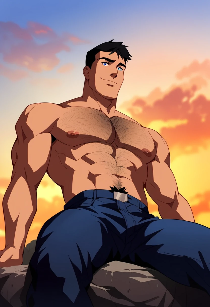 ASCIIscore_9, score_8_up, score_7_up, source_cartoon, 1boy, solo, superboy, smile, exposed pectorals, (hairy chest:1.4), blue eyes, looking down, black hair, blue jeans, outside, sitting on a rock, sky background, 4k, masterpiece, from below, manly