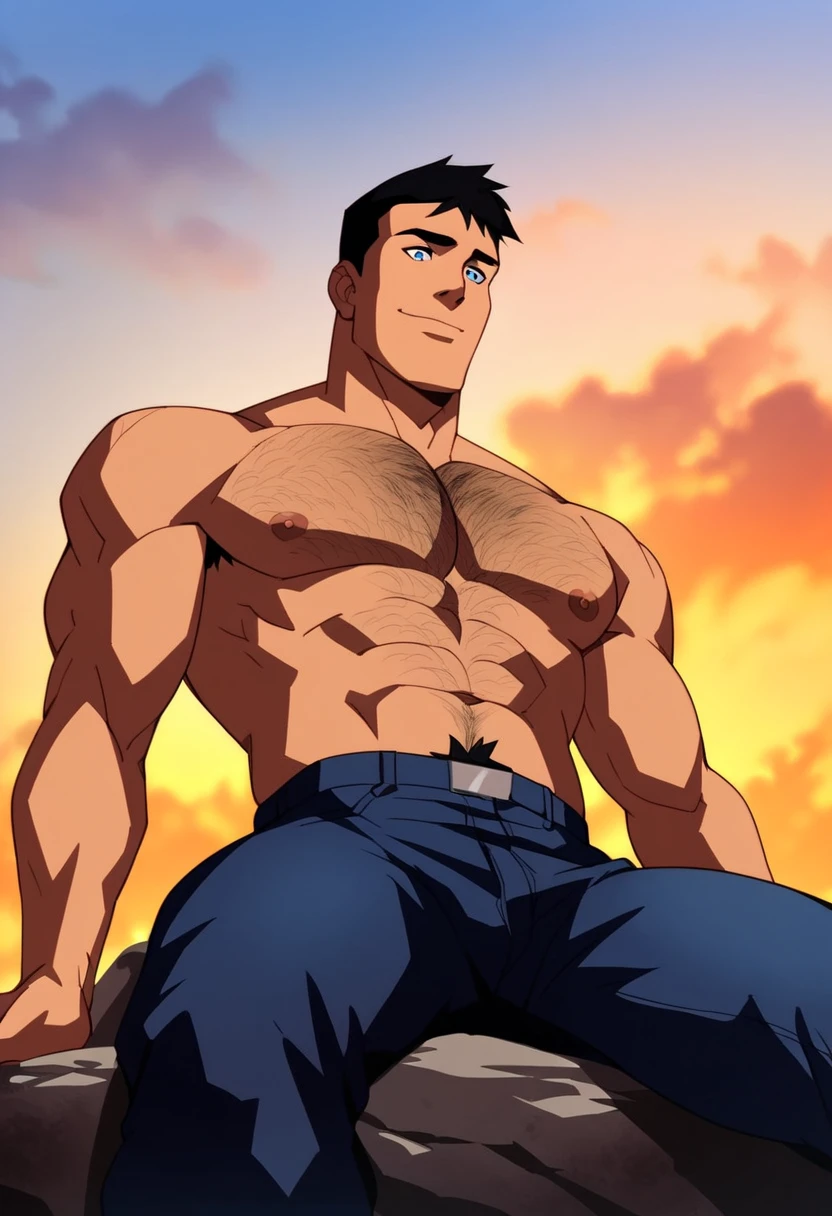 ASCIIscore_9, score_8_up, score_7_up, source_cartoon, 1boy, solo, superboy, smile, exposed pectorals, (hairy chest:1.4), blue eyes, looking down, black hair, blue jeans, outside, sitting on a rock, sky background, 4k, masterpiece, from below, manly