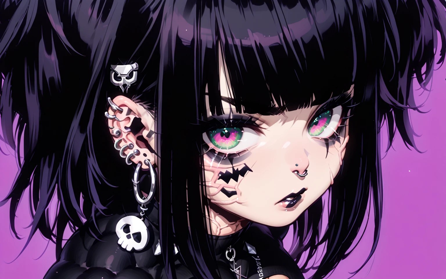 Black Hair、Black Feather、Gothic punk dress、Legs sticking out,Sit on a chair, Crossing your legs、Throne,anime zombie witch design, Crossbones, skull, Streetwear Design, Provector, Horror Style, Full Design, Only 6 colors, Solid Colors, No Shadow, Full Design, Stickers, Bright colors, White Background.Ultra-fine illustrations,(((Beautiful fine hair))),(((Beautiful Faces))),(((Beautiful background))),(((Beautiful fine hair))),(((Beautiful Faces))),(((Beautiful background)))、Black Hair、Blunt bangs,Undershot((Right hand white eye,Left eye purple)),Otto Eyes