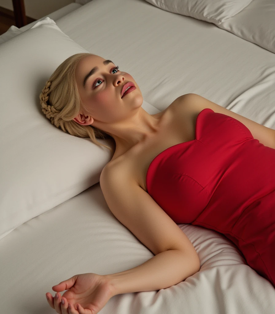 Emilia Clarke, picture from above, lying limp on a bed with white sheets on back, red strapless dress, sleeping, closed eyes, head tilt, mouth slightly open, loose arms