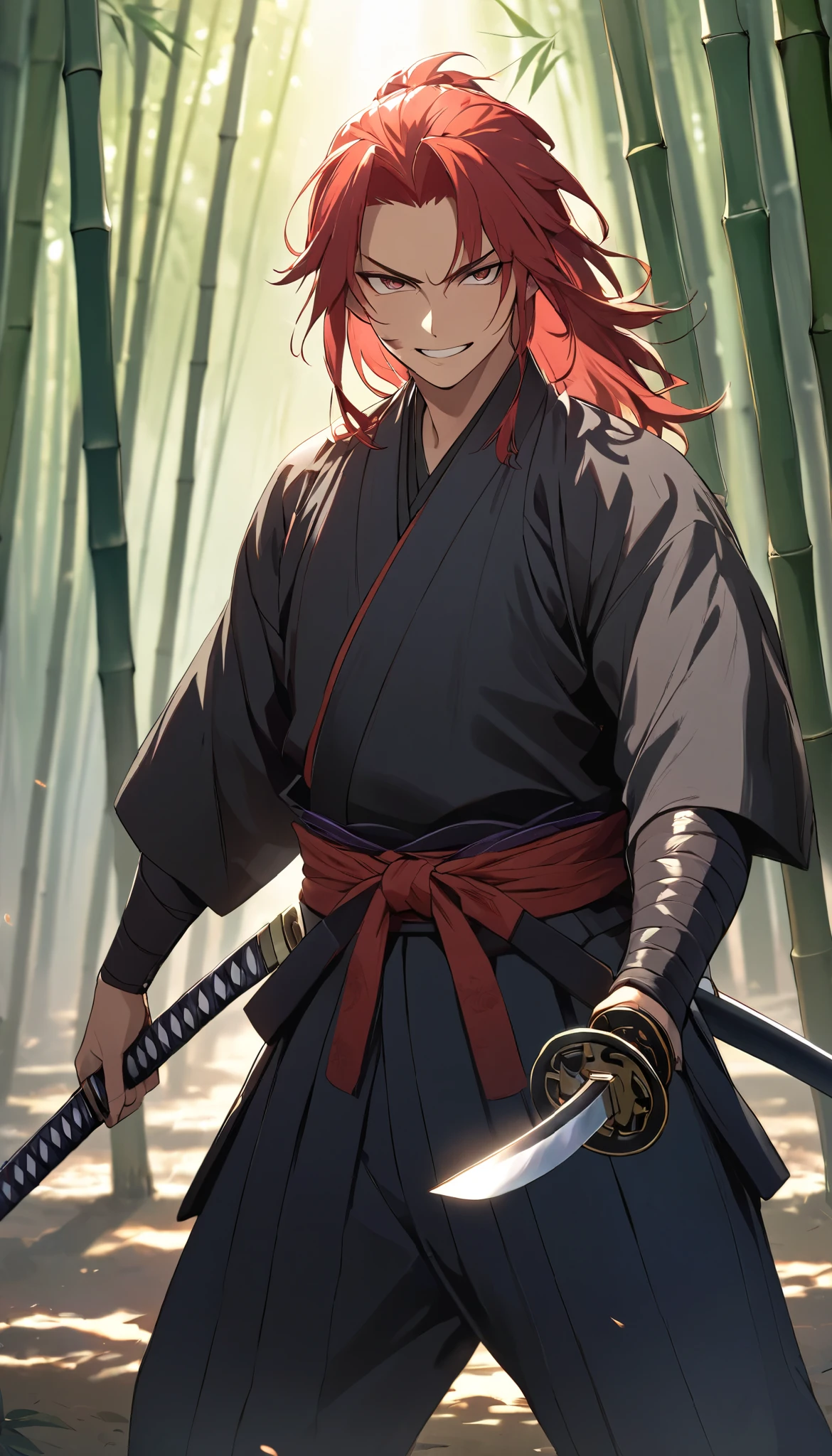 red hair, mullet, raised eyebrows, evil smile, anime, cinematic lighting, backlighting, (masterpiece), accurate, super detail, high details, ((textured skin)), ((best quality)), A young samurai boy stands in a confident pose, holding a katana in the chudan (middle guard) stance. His wild, unkempt hair adds to his rebellious charm, and a mischievous grin spreads across his face. The scene is set in a misty bamboo forest, with sunlight filtering softly through the leaves, casting dappled shadows on the ground. His traditional samurai attire is slightly rugged, hinting at his carefree personality. The katana gleams sharply, and the overall atmosphere conveys both a sense of tradition and youthful defiance. Highly detailed, cinematic lighting, and a slight breeze gently rustling the bamboo leaves