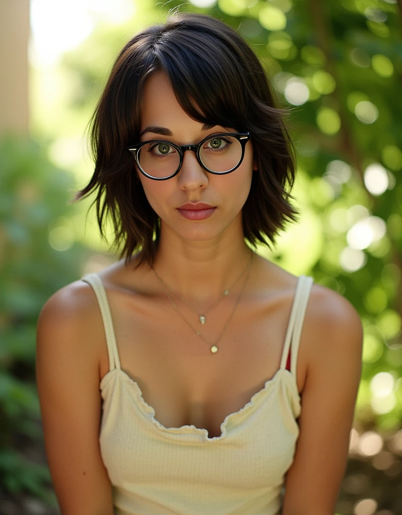 Masterpiece, Annika, a cute nerdy 30 year old woman, glasses, messy hair, ultra short dark hair, square jawline, awkward, legs, ultra-short light sundress, HD, (detailed skin texture:1.1), best quality, ultra high res, (photorealistic: 1.4), Raw photo, by Ellen von Unwerth, D850 Film Stock Photography, F1.6 Lens, Rich Colors, Realistic, Cinestill 800, backlight, rimlighting, sunlight, looking at the viewer, Kaley Cuoco 