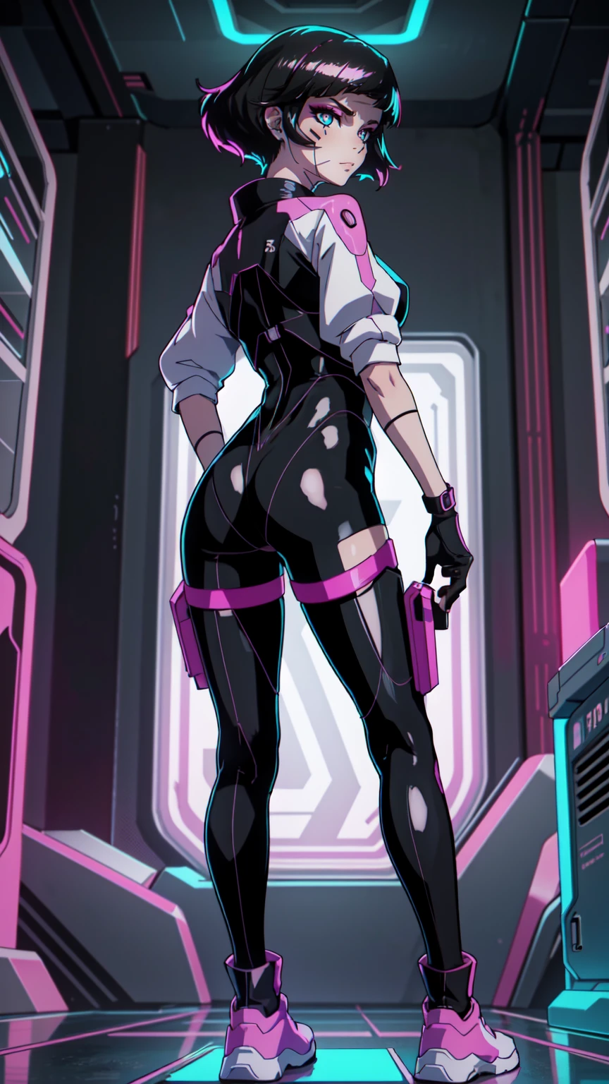 Create an illustration of Sasha from Cyberpunk: Edgerunners. She is a young netrunner with a slender and agile physique, reflecting her hacker lifestyle. Her hair is short, (black hair), messy, and brightly colored, often with neon highlights like electric blue or vibrant pink. Her (blue eyes) have a sharp, tech-enhanced glow, hinting at cybernetic implants. Sasha wears a sleek, tactical bodysuit designed for mobility and stealth, primarily in shades of black and dark gray, accented with neon lines that pulse softly with her netrunning activity. She also sports a high-tech visor or goggles over her eyes, loaded with digital HUD displays. Her gloves are fingerless, exposing cybernetic fingertips perfect for interfacing with technology. Completing her look are combat boots and a utility belt filled with small hacking tools and gadgets. The overall vibe is a mix of futuristic hacker aesthetic and street-smart edge, blending style and functionality. walking on the floor, with pink shoes, dinamic poses, backwards, looking back