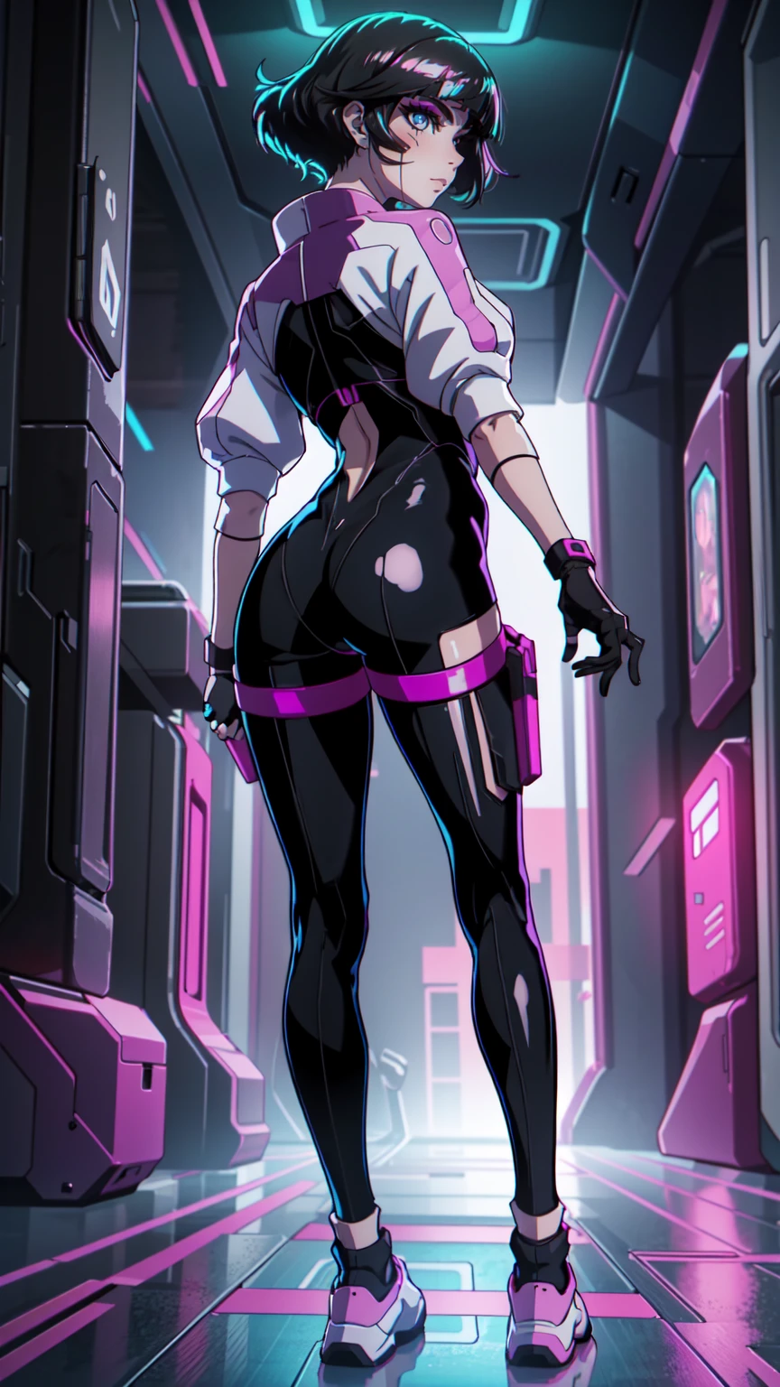 Create an illustration of Sasha from Cyberpunk: Edgerunners. She is a young netrunner with a slender and agile physique, reflecting her hacker lifestyle. Her hair is short, (black hair), messy, and brightly colored, often with neon highlights like electric blue or vibrant pink. Her (blue eyes) have a sharp, tech-enhanced glow, hinting at cybernetic implants. Sasha wears a sleek, tactical bodysuit designed for mobility and stealth, primarily in shades of black and dark gray, accented with neon lines that pulse softly with her netrunning activity. She also sports a high-tech visor or goggles over her eyes, loaded with digital HUD displays. Her gloves are fingerless, exposing cybernetic fingertips perfect for interfacing with technology. Completing her look are combat boots and a utility belt filled with small hacking tools and gadgets. The overall vibe is a mix of futuristic hacker aesthetic and street-smart edge, blending style and functionality. walking on the floor, with pink shoes, dinamic poses, backwards, looking back