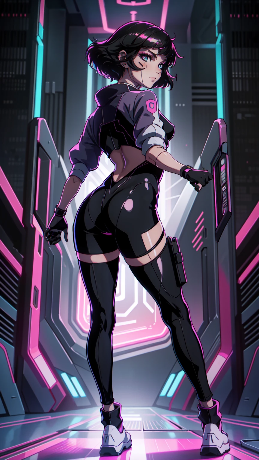 Create an illustration of Sasha from Cyberpunk: Edgerunners. She is a young netrunner with a slender and agile physique, reflecting her hacker lifestyle. Her hair is short, (black hair), messy, and brightly colored, often with neon highlights like electric blue or vibrant pink. Her (blue eyes) have a sharp, tech-enhanced glow, hinting at cybernetic implants. Sasha wears a sleek, tactical bodysuit designed for mobility and stealth, primarily in shades of black and dark gray, accented with neon lines that pulse softly with her netrunning activity. She also sports a high-tech visor or goggles over her eyes, loaded with digital HUD displays. Her gloves are fingerless, exposing cybernetic fingertips perfect for interfacing with technology. Completing her look are combat boots and a utility belt filled with small hacking tools and gadgets. The overall vibe is a mix of futuristic hacker aesthetic and street-smart edge, blending style and functionality. walking on the floor, with pink shoes, dinamic poses, backwards, looking back