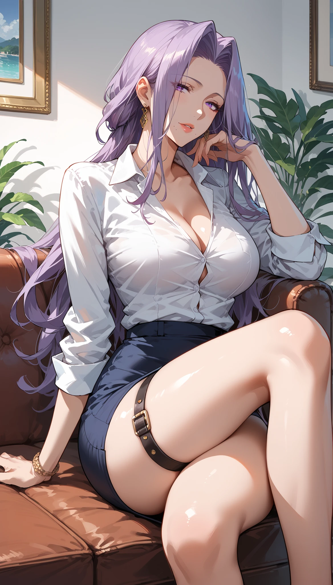 ((masterpiece, best quality)),8k,indoor ,1raiden shogun,(white shirt:1.2) ,looking at viewer,slim waist,black bra, use pantyhose