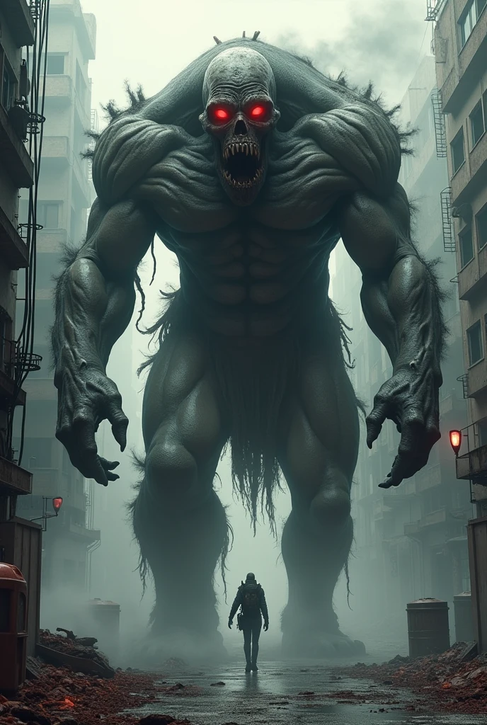 A giant alien monster in a destroyed city with a man walking in the background, kaiju towering above new york, giant kaiju monster, an giant evil monster, looming creature with a long, cg art, monster, hyper realistic fantasy monster, alien monster in rage on street, kaiju, monster destroying new york, huge creature