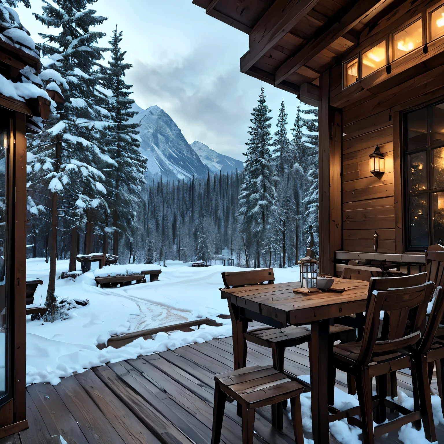 a serene outdoor cafe in the frozen mountains, 1girl sitting at a rustic wooden table drinking hot coffee, beautiful detailed eyes, beautiful detailed lips, extremely detailed face, long eyelashes, warm cozy atmosphere, snow-capped mountains in background, (best quality,4k,8k,highres,masterpiece:1.2),ultra-detailed,(realistic,photorealistic,photo-realistic:1.37),landscape,muted colors,dramatic lighting,cinematic