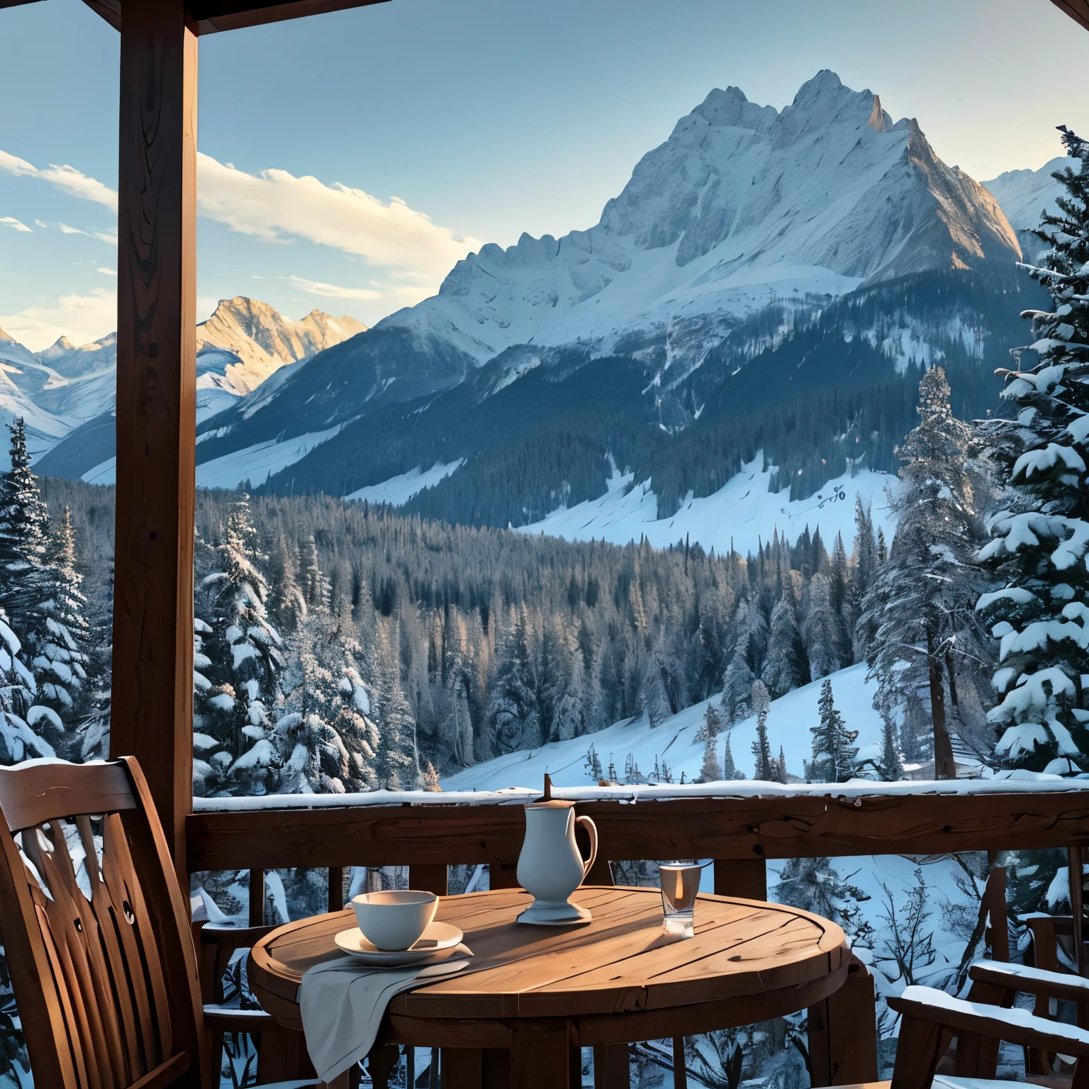 a serene outdoor cafe in the frozen mountains, 1girl sitting at a rustic wooden table drinking hot coffee, beautiful detailed eyes, beautiful detailed lips, extremely detailed face, long eyelashes, warm cozy atmosphere, snow-capped mountains in background, (best quality,4k,8k,highres,masterpiece:1.2),ultra-detailed,(realistic,photorealistic,photo-realistic:1.37),landscape,muted colors,dramatic lighting,cinematic