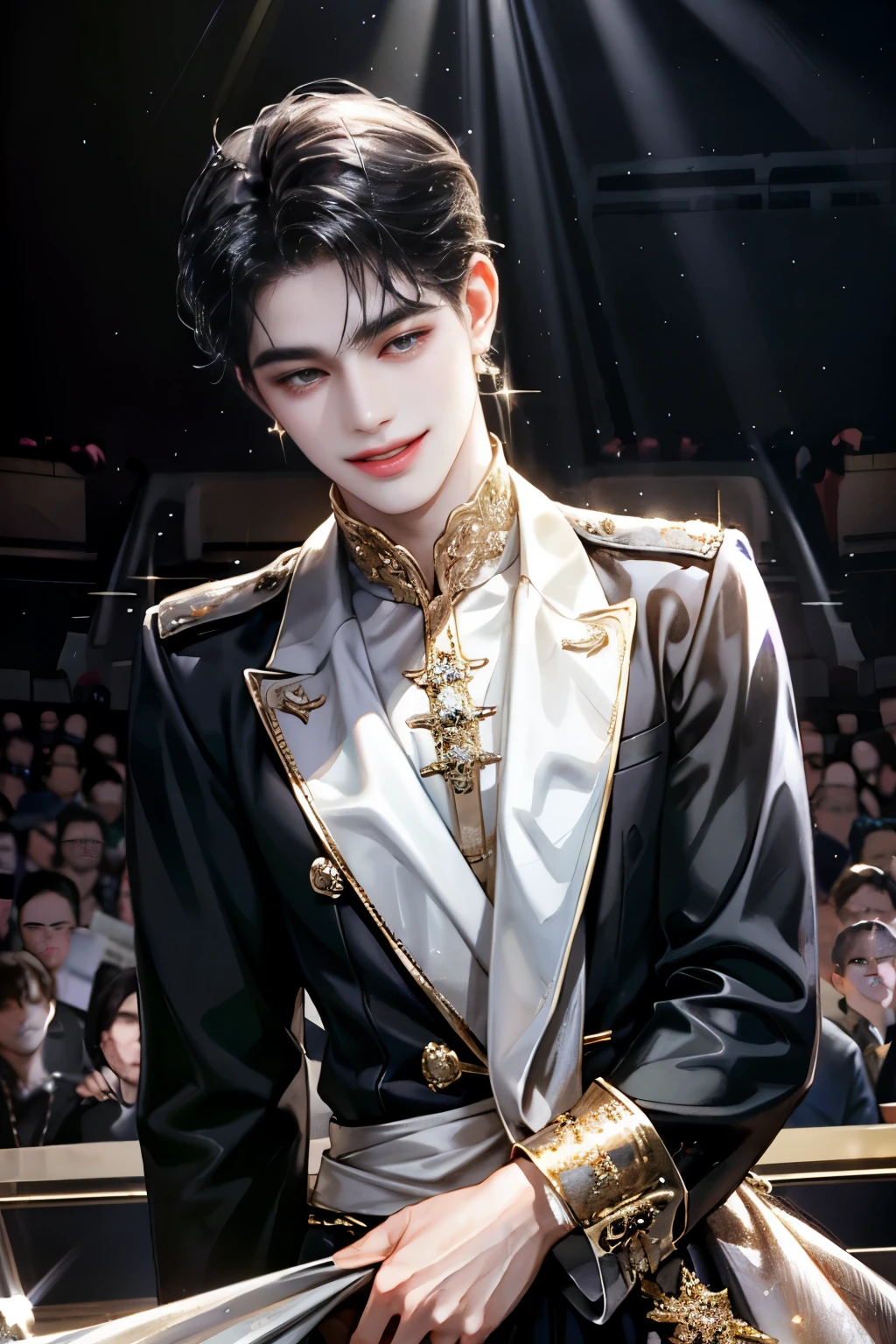 Sweet-faced man, black hair, wearing idol clothes, idol, looking at audience, front view, toothless smile, on stage, sparkling, spotlight, high detail, front, man, sweet man, male cloth, sparkling costume, delight, Bright tone, half body, Half body photo, ระยะใกล้