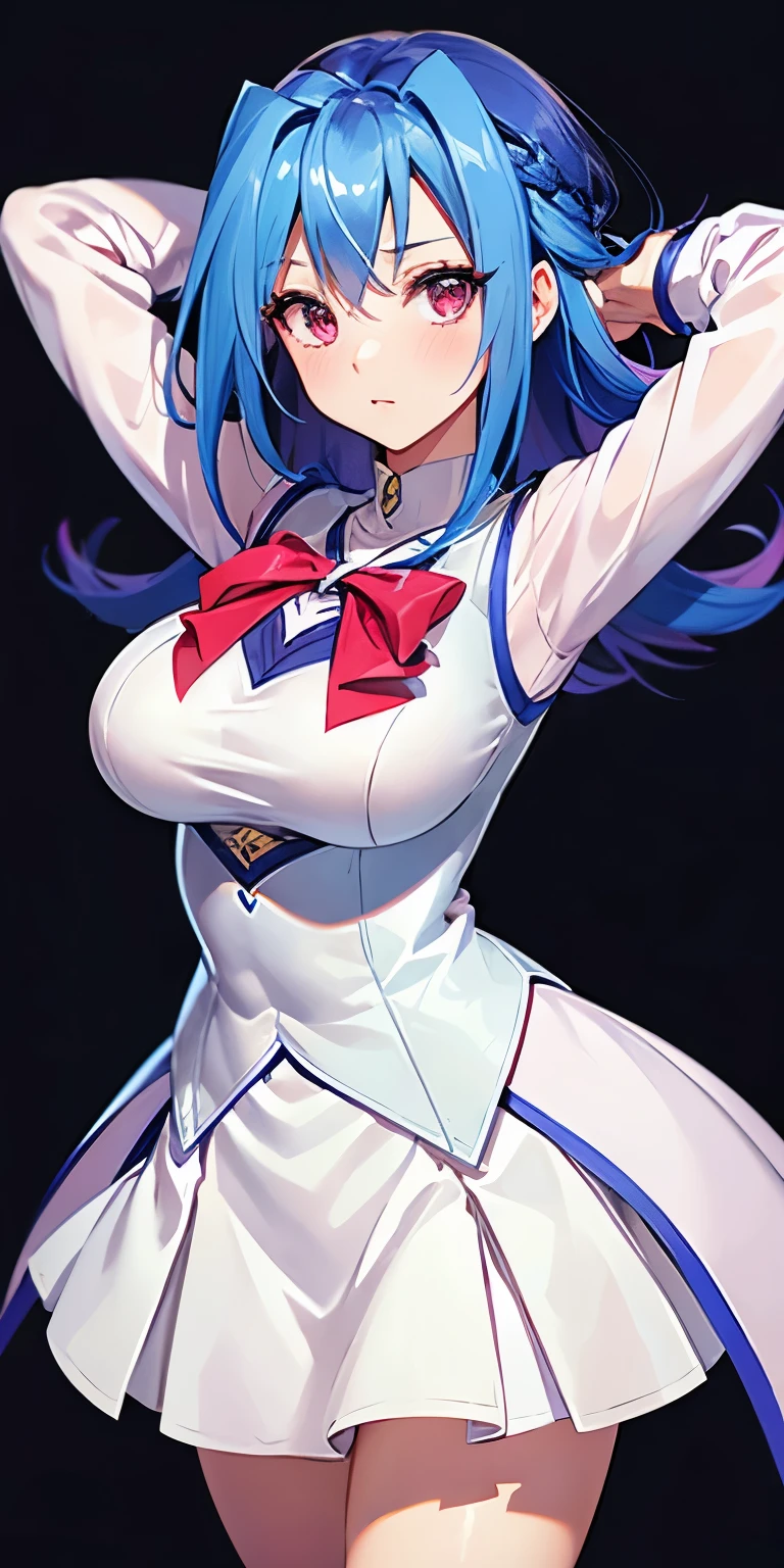 1 Female,High definition,high resolution,Ultra-realistic,8K, kr1, multicolored hair, dyed bangs, long sleeves, bow, pink dress, white vest, white skirt,tight skirt, miniskirt , large breasts,European,sexy,Upper body close-up,Photographed from the front,Dynamic Angles,(blush), (medium tits) ,(arms behind head)