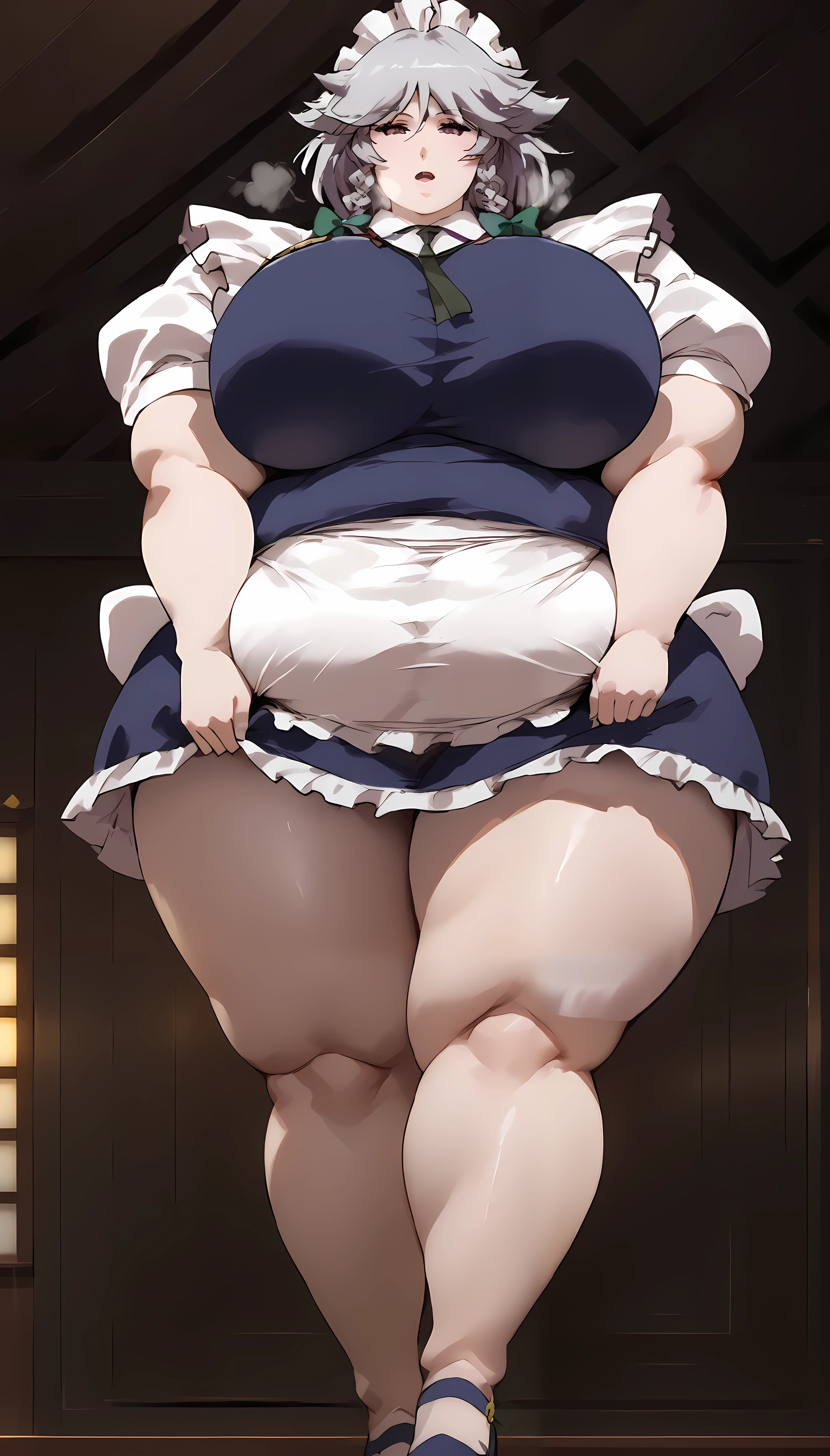 realistic, 1girl, pink hair, very long hair, wear bride veil, straight hair, blunt bangs, (beautiful eyes), blush, ((((white maid dress, fully clothed)))), ((big breast)), maid headband, white hand gloves, high heels, ribbon, night, indoor, staring at viewer, lipstick, closed mouth, bare foot, sfw, very big breast, [big belly], covered belly, thicc girl, standing, fat girl, obese girl