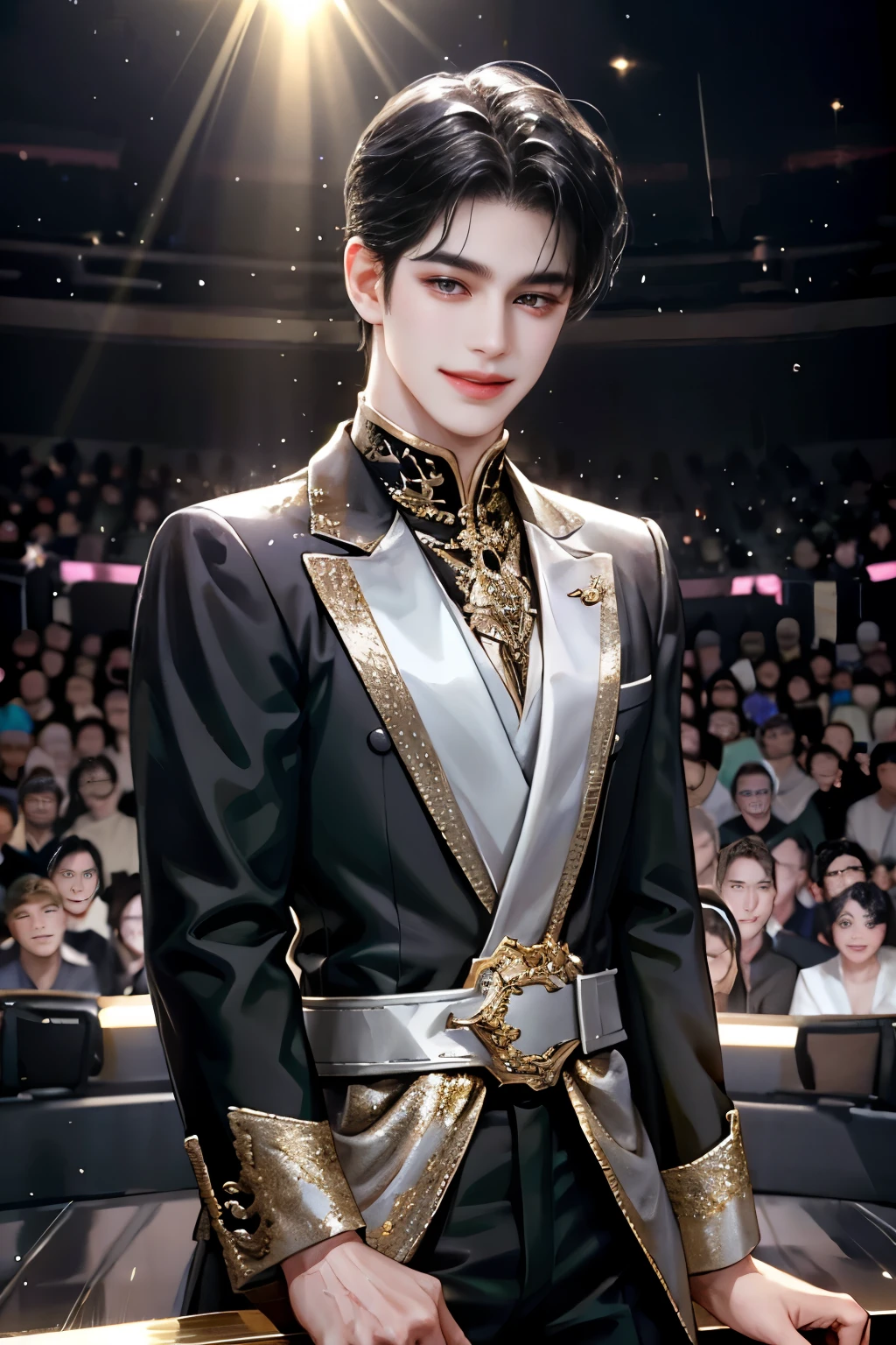 Sweet-faced man, black hair, wearing idol clothes, idol, looking at audience, front view, toothless smile, on stage, sparkling, spotlight, high detail, front, man, sweet man, male cloth, sparkling costume, delight, Bright tone, half body, Half body photo, ระยะใกล้