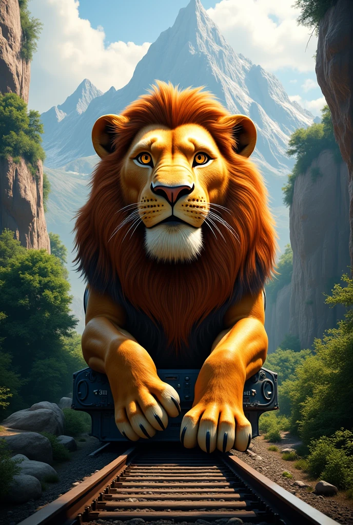  A realistic and detailed panoramic image of a Lion King train.   The front of the train is the face of the Lion King  ,  the train is riding on tracks in a place with mountains , trees and nature ,  I want a perfect train ,  with details of the Lion King from the movie  . Observation, I want the lion's two paws to compose the image 