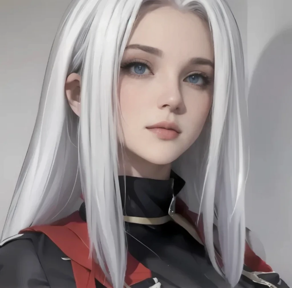 best quality, masterpiece, androgynous, long white hair, hair between eyes, face only, fair skin, red upturned eyes, red capelet, smirk
