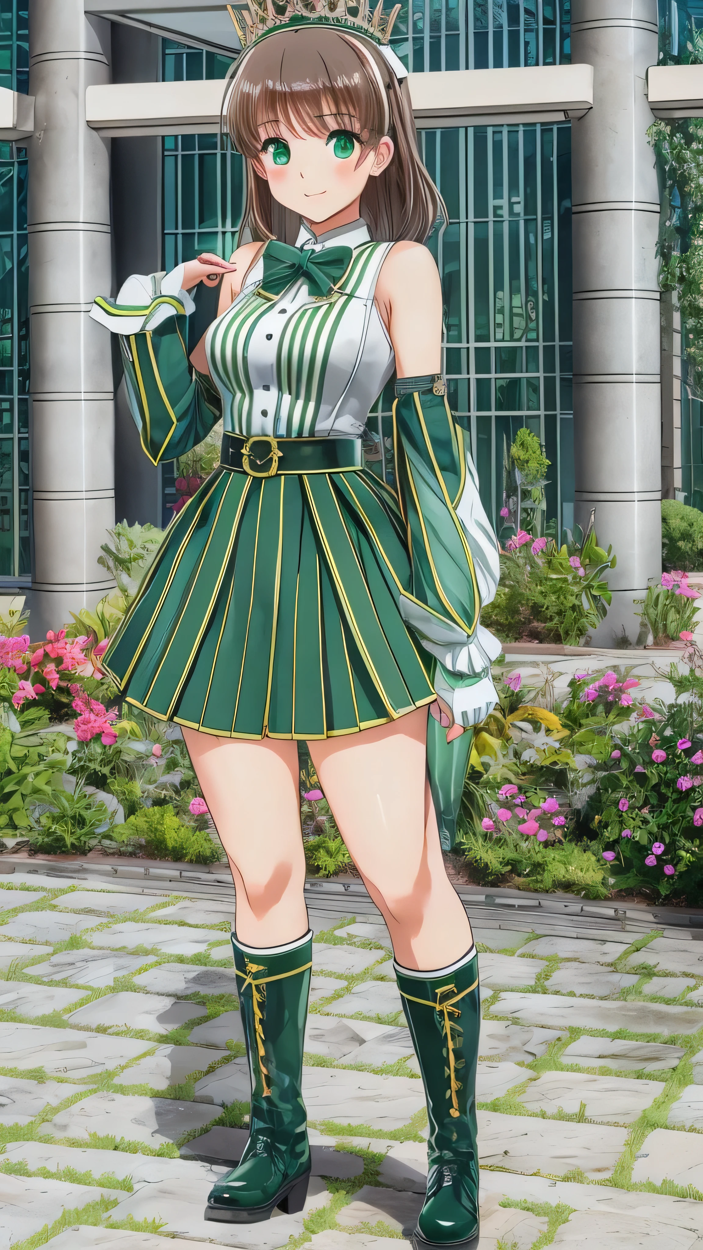 1990s \( style for stilets\), Mizuno_Ami,  Big Breasts,   knight ,  is standing, Alone, Classic SMRC_, green_Pleats_ skirt ,_white_ gloves_green_ boots_green_ choker _green_bowtie_green_return_bow_crown_green_brooch, anime cels  style for stilets, Outdoor,  top quality ,  high res,  1 girl, ,  embarrassing, smile,  viewers sweat a lot,  pose