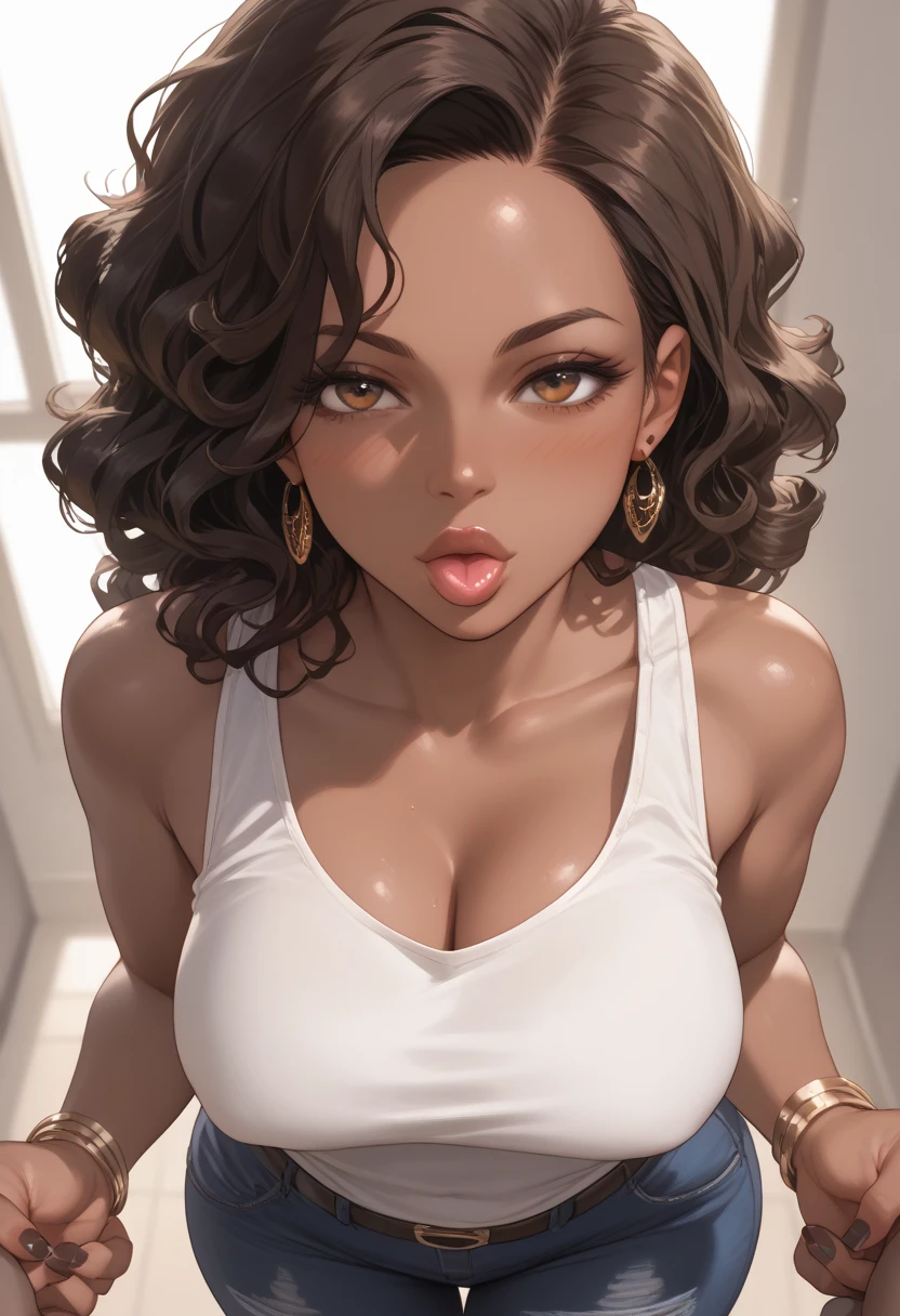 Almond-eyed Dark Mocha-skin tonned African-American woman with Short dark curly hair, juicy lips, a large chest, thick thighs, Perfect hands, and perfect feet . . She is wearing a white tank top. She is  seductively puckered up for  a kiss . She is standing as close as possible pushing her breast up against a Darkskin man’s Torso . Pov Above view