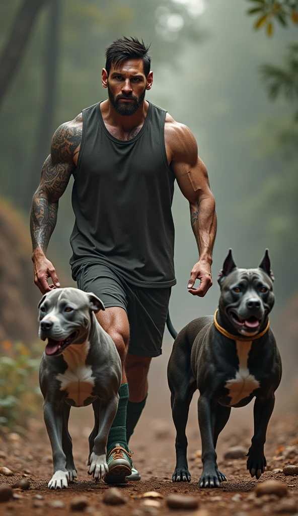 Bodybuilder walking five dogs
