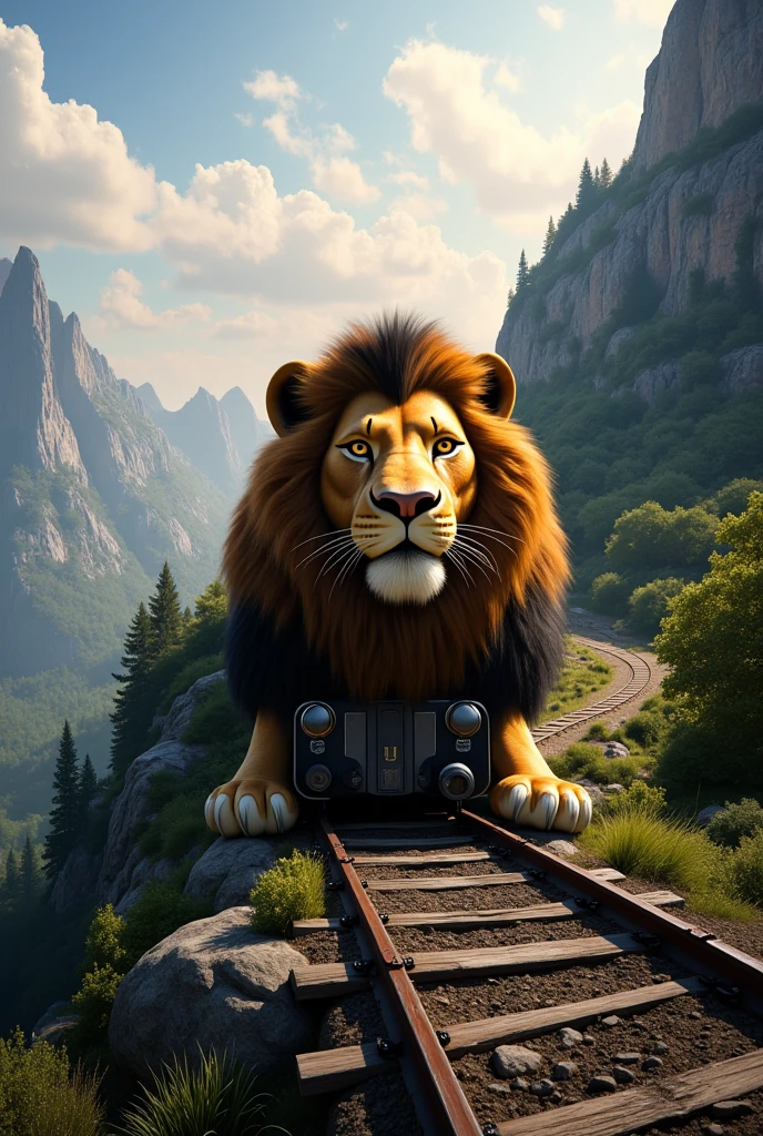  A realistic and detailed panoramic image of a Lion King train.   The front of the train is the face of the Lion King  ,  the train is riding on tracks in a place with mountains , trees and nature ,  I want a perfect train ,  with details of the Lion King from the movie  . Observation,  I want the lion's two paws to compose the image I must train is making underwear, Take care of the details ,  glass doors and windows 